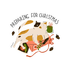 Cute little kitty lies on New Year's letters and postcards. New year sticker with funny cat. Greeting card for holiday party. Flat style in vector illustration. Isolated on white background.