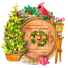 Watercolor christmas hobbit house with tree, christmas wreath,  Cardinal, light - obrazy, fototapety, plakaty