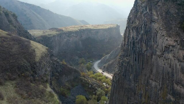 Stones symphony in  Garni, Armenia. Aerial view Basalt columnar units in the Garni gorge, Armenia, Caucasus. Touristic place in Armenia,  Western Asia. 