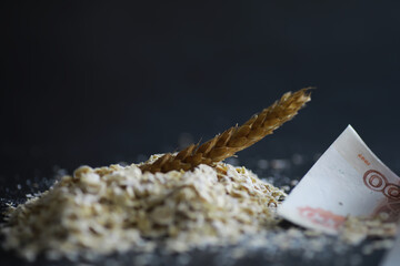 The concept of the cost of grain. 5000 ruble banknotes around a handful of ground grain. World hunger.