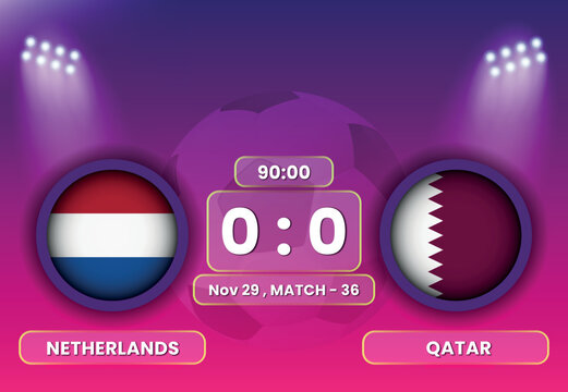  Netherlands vs Qatar Football or Soccer Match Schedule with Scoreboard Broadcasts Template. Football Tournament, Football Cup, Poster, Banner, Group Stage Matches. FIFA World Cup 2022.