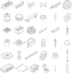Car parts icons set. Isometric set of car parts vector icons outline thin lne isolated on white