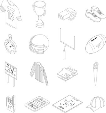 American football equipment icons set. Isometric set of american football equipment vector icons outline thin lne isolated on white