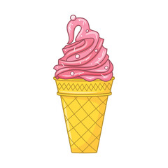 Pink ice cream in a waffle cone with icing. Bright summer sweet food. Delicious frozen dessert. Vector colored doodle Hand drawn illustration isolated on white. Cartoon style