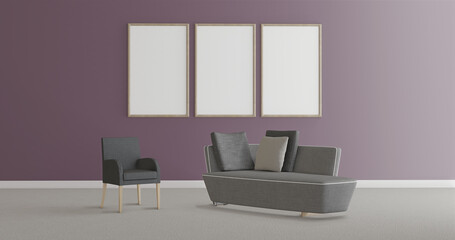 Psychologist office, armchair and sofa isolated in a lighted room, three empty frames for mockup on violet color wall, 3d illustration