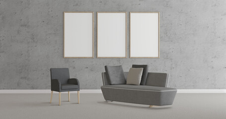 Psychologist office, armchair and sofa isolated in a lighted room, three empty frames for mockup on concrete wall, 3d illustration