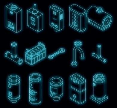 Boiler icons set. Isometric set of boiler vector icons neon color on black