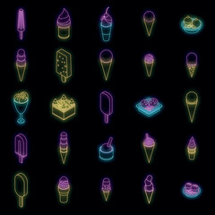Ice cream icons set. Isometric set of ice cream vector icons neon color on black