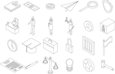 Justice icons set. Isometric set of justice vector icons outline thin lne isolated on white