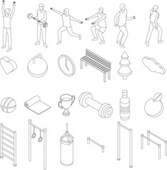 Outdoor fitness icons set. Isometric set of outdoor fitness vector icons outline thin lne isolated on white
