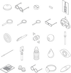 Eye examination icons set. Isometric set of eye examination vector icons outline thin lne isolated on white
