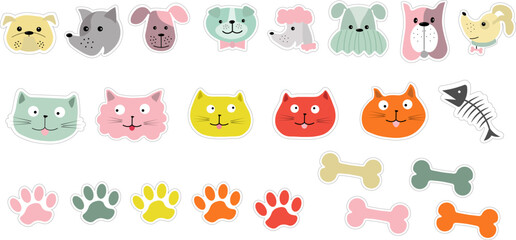 Obraz premium A set of stickers with muzzles of animals - cats and dogs, paws and bones. Vector illustration for diaries, notebooks, albums, scrapbooking, holiday decorations and gifts.
