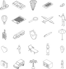 Family travel insurance icons set. Isometric set of family travel insurance vector icons outline thin lne isolated on white