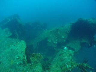 Diving on the ship wrecks of the Palau archipelago. These ship wrecks were from Japanese Navy at...
