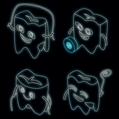 Floss icons set. Isometric set of floss vector icons neon color on black