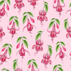 Pink Watercolor Fuchsia Flower Seamless Pattern isolated on Pink Background. Watercolour Tropical Floral Digital Paper. Perfect for Fabric Printing, Wrapping Paper, Wedding Invitations, Greeting Cards