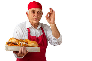 Chef-cooker in a chef's hat and apron gesturing okay, holding an wooden tray with bread and rolls....
