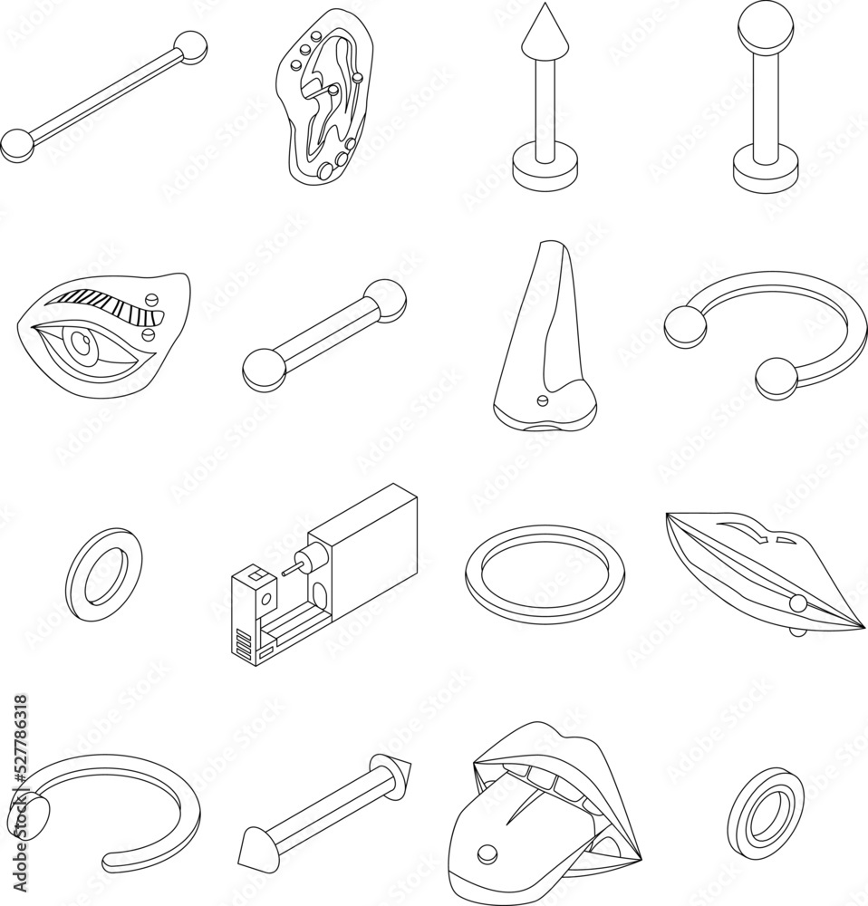 Sticker piercing icons set. isometric set of piercing vector icons outline thin lne isolated on white - Stickers