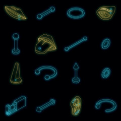 Piercing icons set. Isometric set of piercing vector icons neon color on black