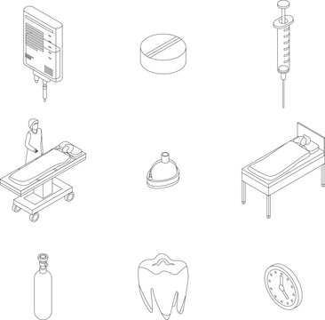 Anesthesia icons set. Isometric set of anesthesia vector icons outline thin lne isolated on white