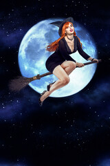 Fototapeta na wymiar Halloween Witch flying on a broomstick. Female wizard fairy character for All Saints' Day. Fantasy gothic red-haired sorceress girl dressed in black carnival costume