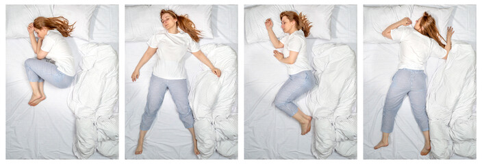 Various poses of a sleeping woman. Female side sleeper fetal position, on the back, on her side,...