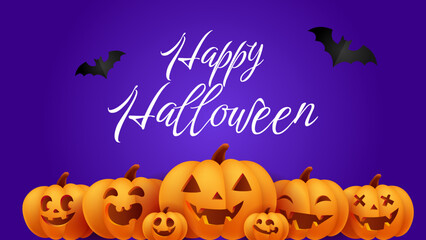 Happy Halloween purple banner, template or party invitation background with jack o lantern carving face cute pumpkins and bats. 3d vector illustration realistic pumpkin wallpaper. 