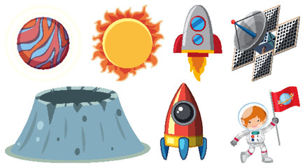 Set of space cartoon characters and objects