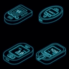 Glucose meter icons set. Isometric set of glucose meter vector icons neon color on black