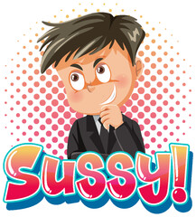 Sussy text word banner comic style with cartoon character expression