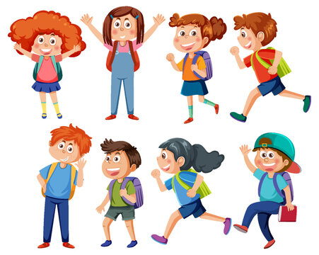 School kids cartoon characters set