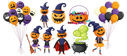 Halloween cartoon character and elements set