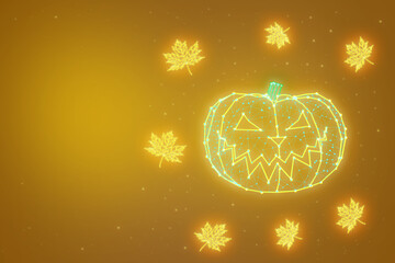 Neon pumpkin on an orange background. 2d polygonal image of halloween symbol with bright leaves with copy space