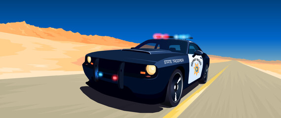 A police patrol car is pursuing. Rushing down the road with the flashing light on. Road interceptor. A long deserted road. State trooper vector illustration © Дмитрий Макаренко