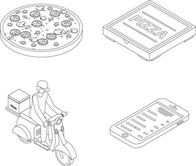 Pizza delivery icons set. Isometric set of pizza delivery vector icons outline thin lne isolated on white