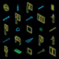 Window installation icons set. Isometric set of window installation vector icons neon color on black