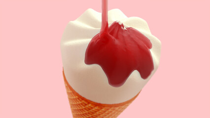 Realistic abstract 3D strawberry jam liquid falling on ice cream with waffle cone.