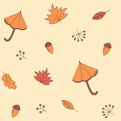 Vector cartoon autumn leaves and umbrellas seamless pattern, cute doodle wallpaper illustration