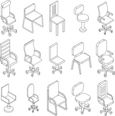 Desk chair icons set. Isometric set of desk chair vector icons outline thin lne isolated on white