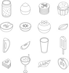 Persimmon icons set. Isometric set of persimmon vector icons outline thin lne isolated on white