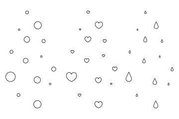 Bubbles, hearts, drops. Rising up vector elements set. Sketches of round balls, symbols of love and dripping drops. Coloring book for children. Outline on isolated background. Doodle style. 