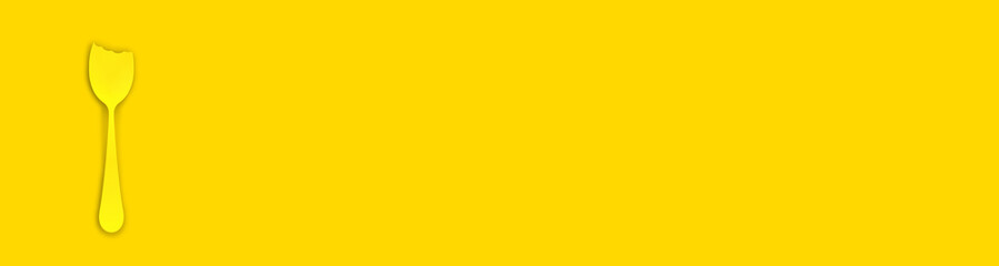 bitten spoon is yellow on yellow background. a bite mark on a spoon. famine. food crisis. Banner for insertion into site. Place for text cope space. 3D image. 3D rendering.
