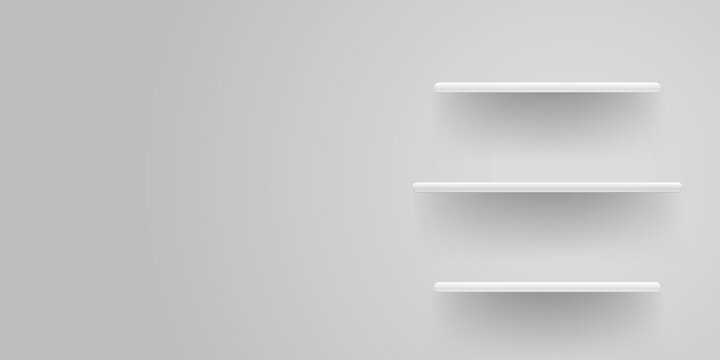 White shelf mockup, empty shelves template for product display, bookshelf, frame shelf on a wall