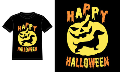 Dachshund in Pumpkin Funny Happy Halloween T-Shirt - obrazy, fototapety, plakaty