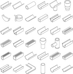 Gutter icons set. Isometric set of gutter vector icons outline thin lne isolated on white