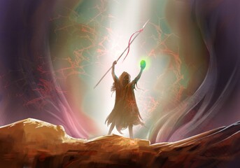 The sorcerer shows his powers. digital painting art style, illustration.