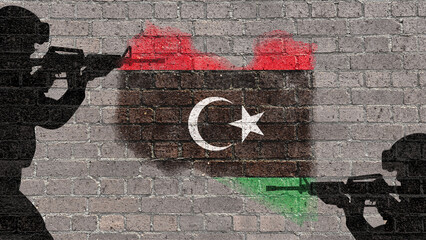 Libyan map and flag painted on the old brick wall. In the background left and right silhouettes of military warriors