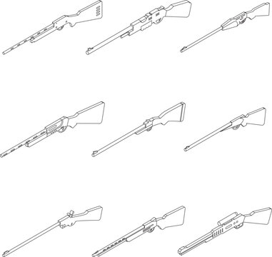 Hunting rifle icons set. Isometric set of hunting rifle vector icons outline thin lne isolated on white