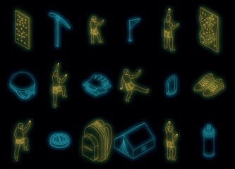Sport climbing icons set. Isometric set of sport climbing vector icons neon color on black
