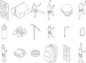 Sport climbing icons set. Isometric set of sport climbing vector icons outline thin lne isolated on white
